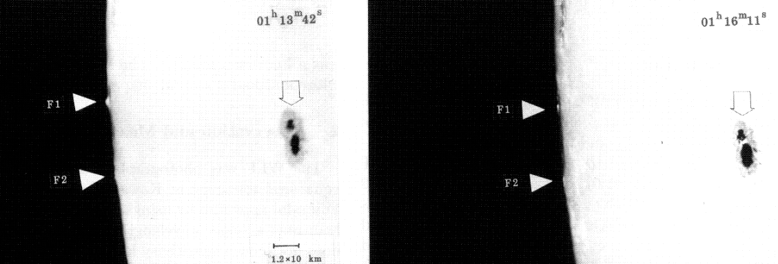 図３　白色光観測　ピークは過ぎたが光球に輝点。フレアループの根元？右黒点は2793（川口での群番）